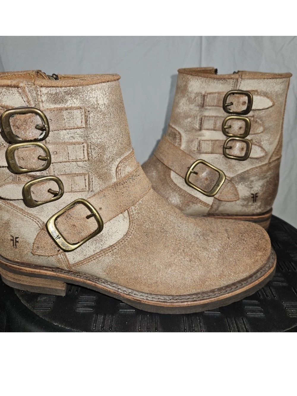 FRYE AND CO. Tan Suede Multi-Buckle Ankle Boots